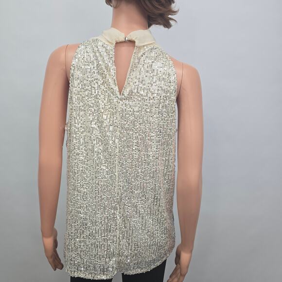 NWT Calvin Klein Sequin Top Blouse Size M Sleeveless Tie Front Halter neck Cream - Picture 7 of 12
